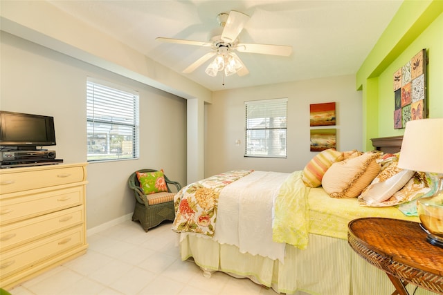 bedroom with ceiling fan and multiple windows