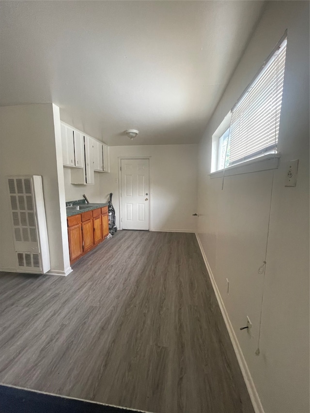 kitchen with white cabinetry and dark hardwood / wood-style floors