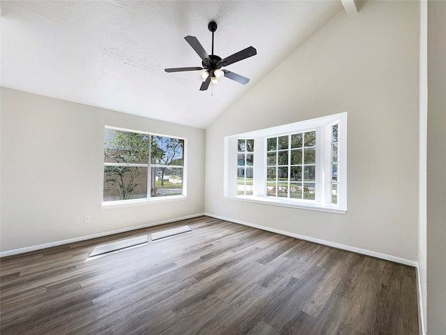 unfurnished room with high vaulted ceiling, dark hardwood / wood-style flooring, and ceiling fan