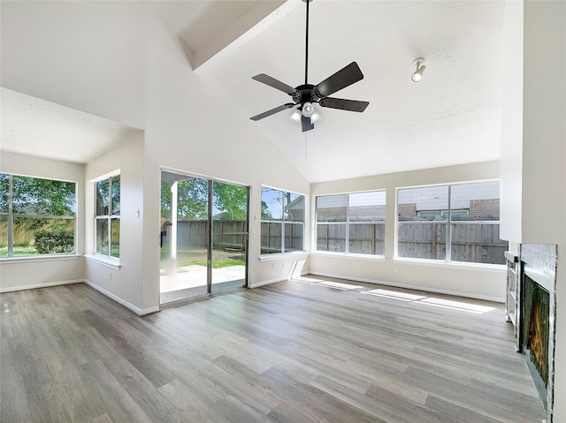 unfurnished living room featuring high vaulted ceiling, light hardwood / wood-style floors, and ceiling fan