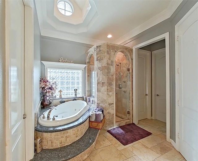 bathroom with crown molding, tile floors, plus walk in shower, and a raised ceiling