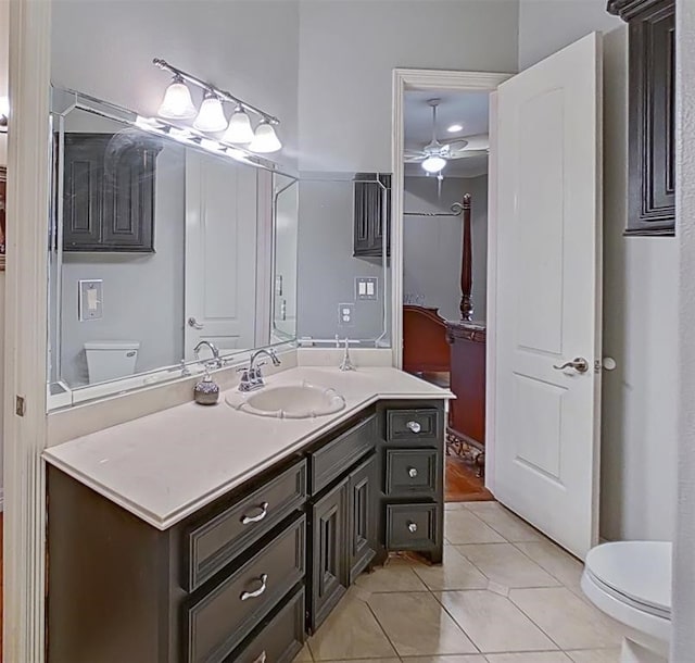 bathroom featuring vanity, tile flooring, ceiling fan, and toilet