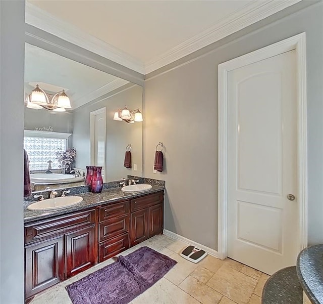 bathroom with tile floors, crown molding, and double vanity