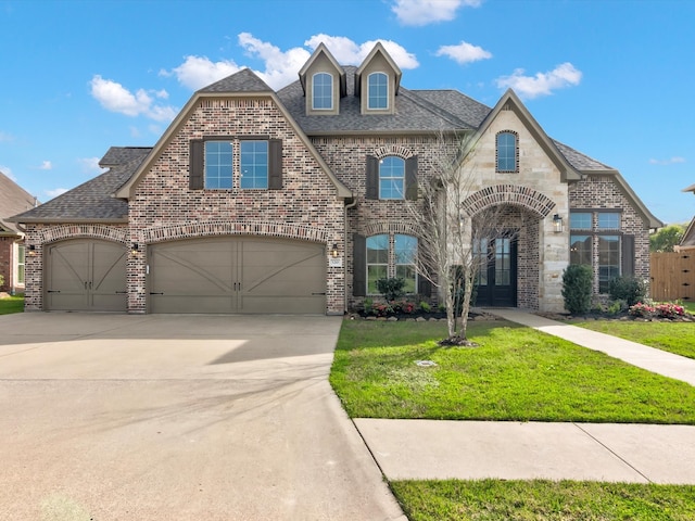 view of front of house with a front lawn and a garage