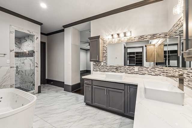 full bath featuring a stall shower, marble finish floor, crown molding, and vanity