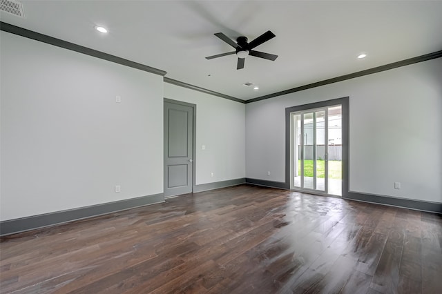 unfurnished room featuring baseboards, visible vents, dark wood-style floors, crown molding, and recessed lighting