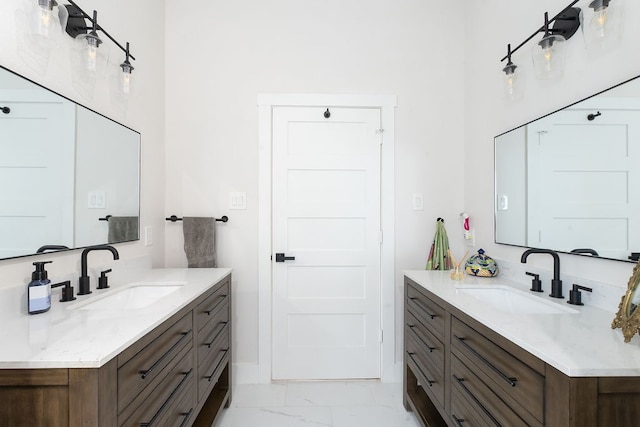 bathroom with tile flooring and dual vanity