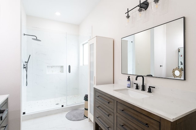 bathroom featuring an enclosed shower, tile floors, and large vanity