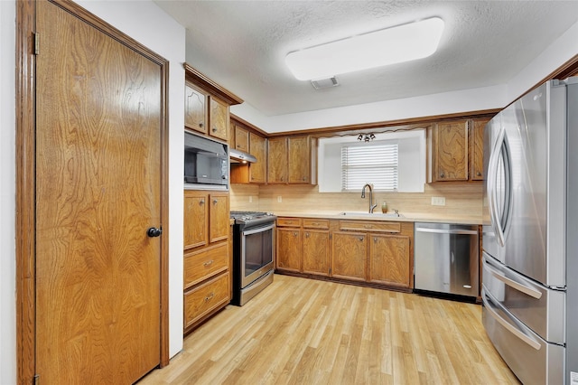 kitchen featuring sink, backsplash, stainless steel appliances, light hardwood / wood-style floors, and a textured ceiling