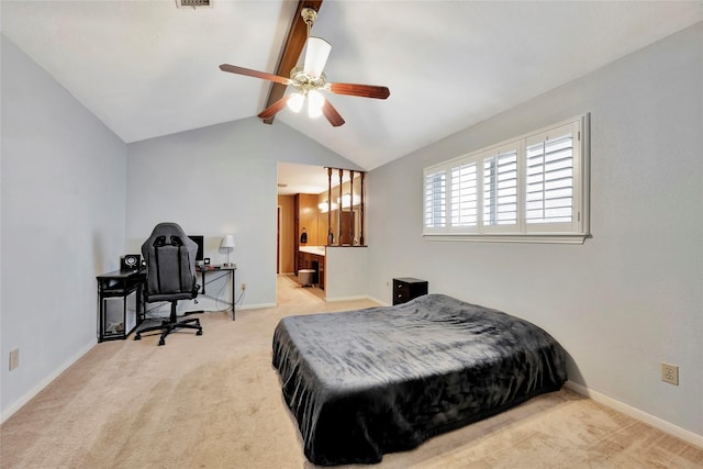 bedroom with ceiling fan, light colored carpet, and vaulted ceiling with beams