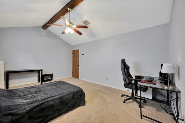 bedroom featuring light carpet, lofted ceiling with beams, and ceiling fan