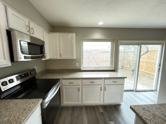 kitchen with white cabinetry, dark wood-type flooring, stainless steel appliances, and light stone countertops