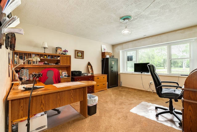 office featuring light colored carpet and a textured ceiling