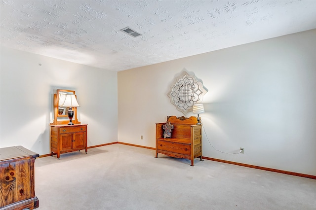 sitting room with light carpet and a textured ceiling