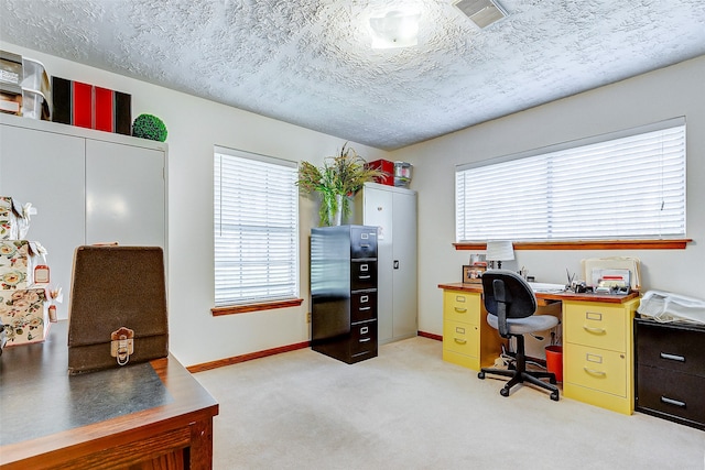 office with light colored carpet, a textured ceiling, and a wealth of natural light