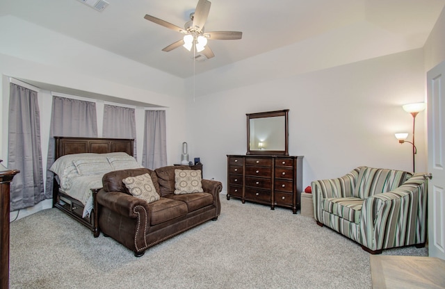 bedroom featuring light carpet and ceiling fan