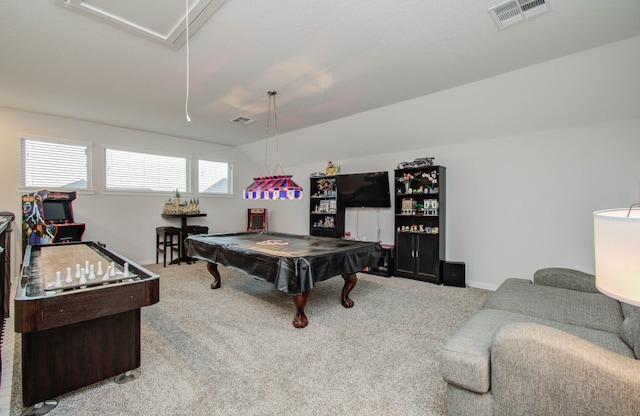 playroom featuring billiards and light colored carpet