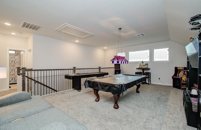 recreation room with carpet, billiards, and vaulted ceiling