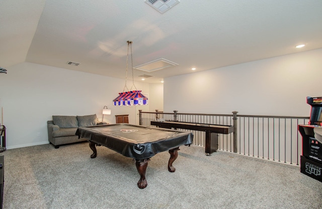 game room featuring light colored carpet and billiards