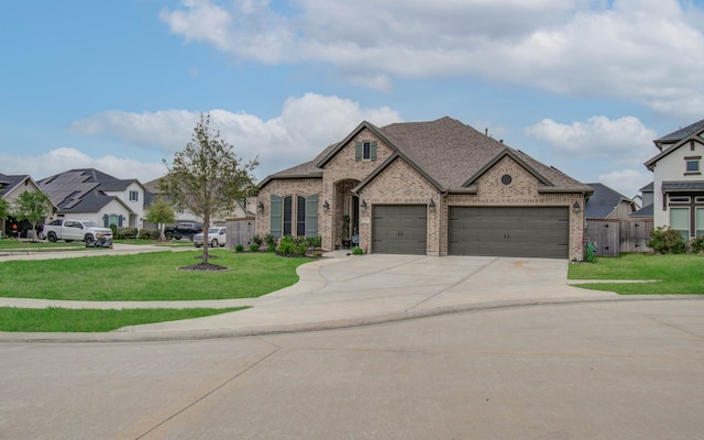 french provincial home with a front yard and a garage