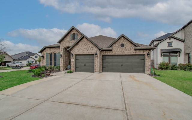 french country inspired facade with a front yard and a garage