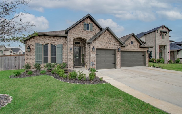 french country inspired facade with a front lawn and a garage