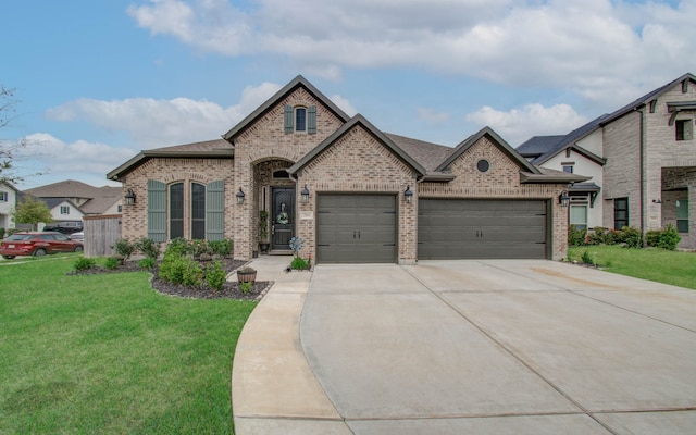 french country style house with a front lawn and a garage