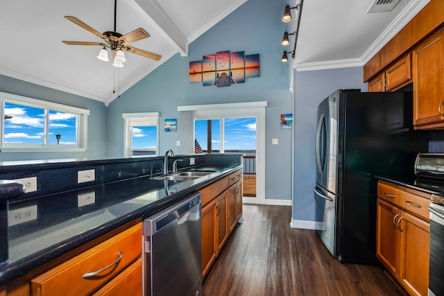 kitchen featuring sink, ceiling fan, crown molding, dishwasher, and dark wood-type flooring