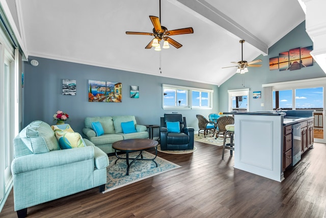 living room featuring vaulted ceiling with beams, ceiling fan, and dark hardwood / wood-style flooring