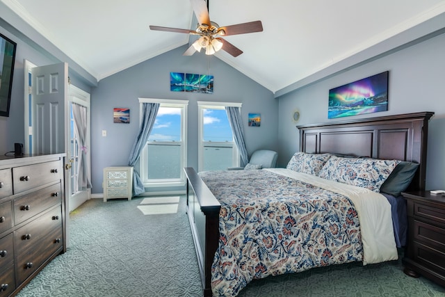 bedroom with light carpet, vaulted ceiling, ceiling fan, and crown molding