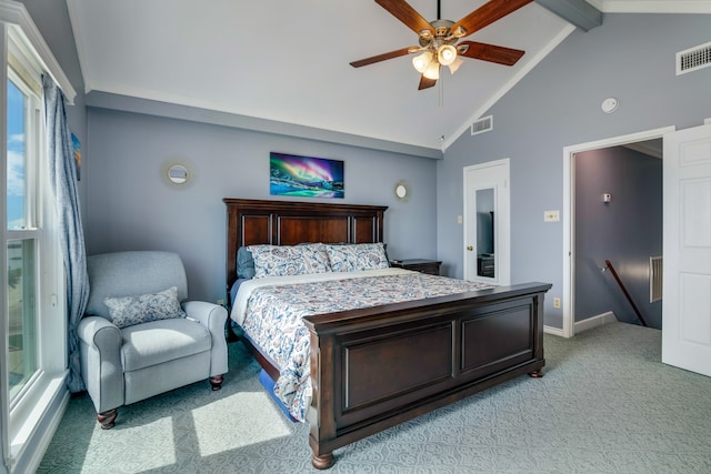 carpeted bedroom featuring high vaulted ceiling, beam ceiling, ceiling fan, and multiple windows