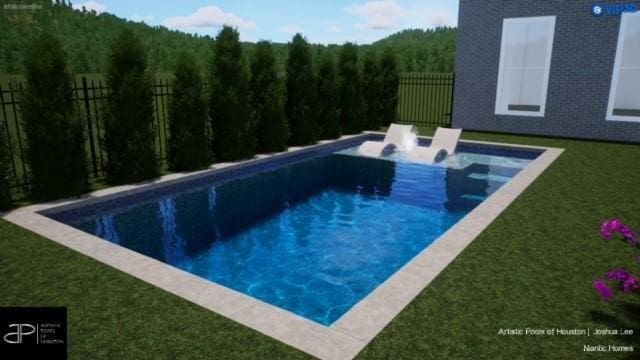 view of swimming pool featuring a yard