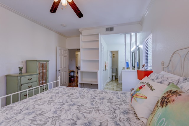 tiled bedroom with crown molding and ceiling fan