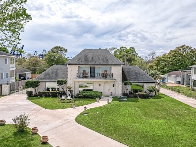 view of front of house with a balcony and a front yard