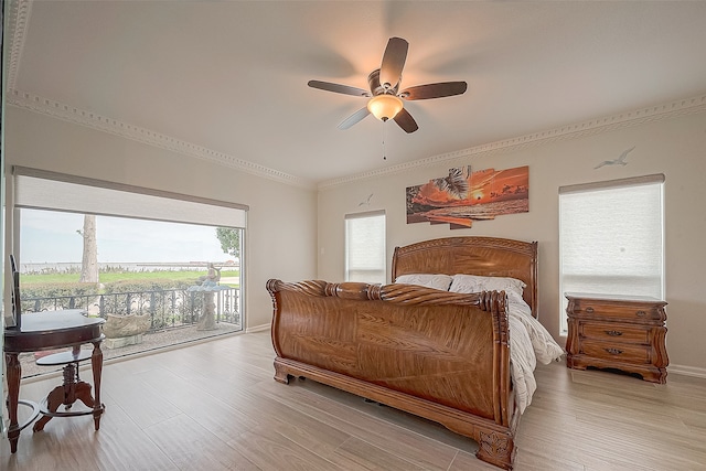 bedroom featuring ceiling fan, access to outside, light hardwood / wood-style flooring, and ornamental molding