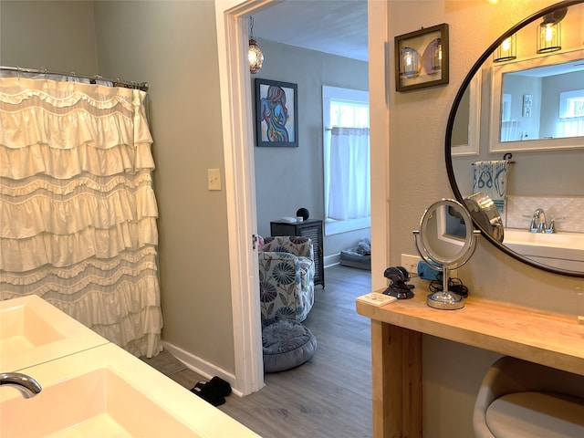 bathroom with vanity and hardwood / wood-style flooring