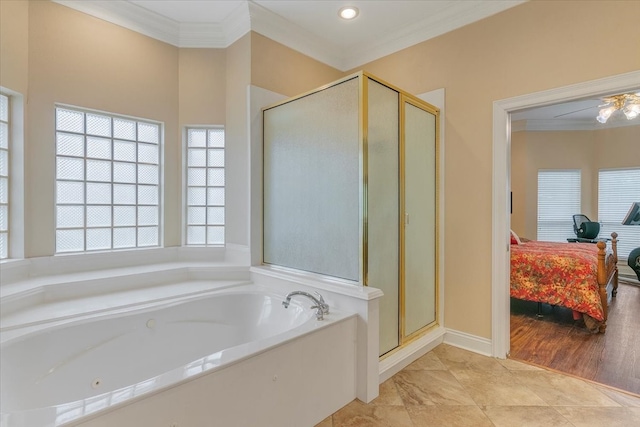 bathroom with crown molding, independent shower and bath, ceiling fan, and tile flooring