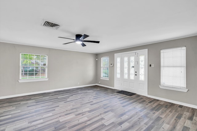 foyer featuring ornamental molding, ceiling fan, and wood-type flooring