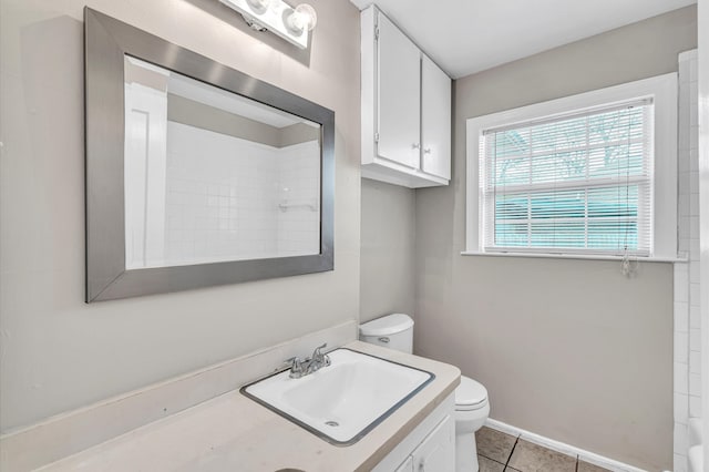 bathroom featuring tile flooring, toilet, and vanity