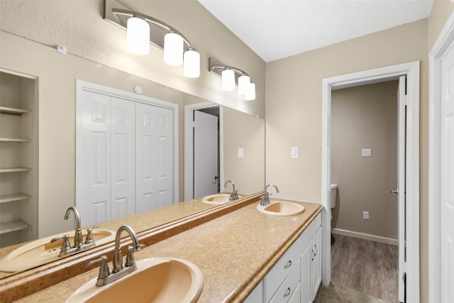 bathroom with dual bowl vanity, a textured ceiling, and wood-type flooring