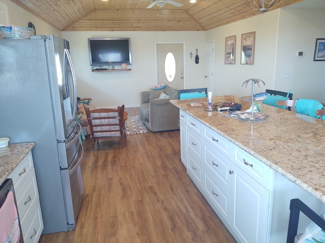 kitchen with dark hardwood / wood-style flooring, wood ceiling, and white cabinets