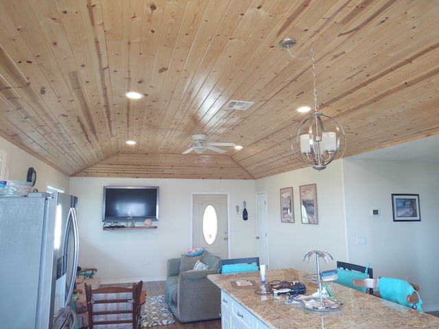 living room featuring vaulted ceiling, dark hardwood / wood-style flooring, wood ceiling, and ceiling fan with notable chandelier