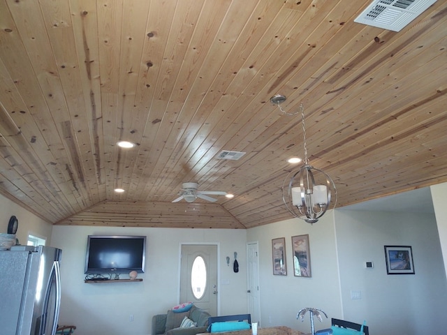 details featuring wooden ceiling, stainless steel refrigerator, and ceiling fan with notable chandelier