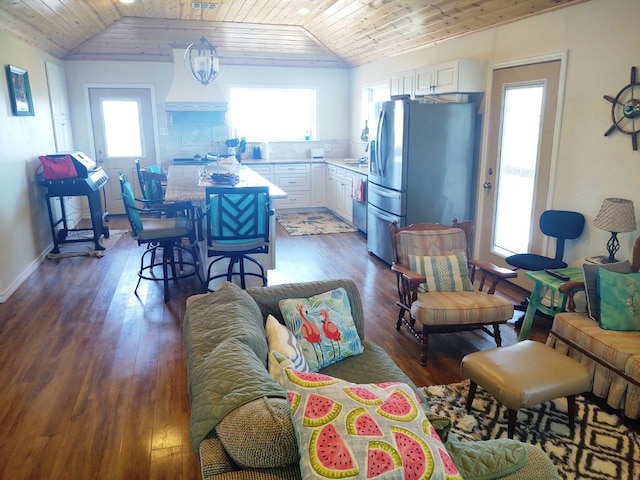 living room featuring dark hardwood / wood-style flooring, wood ceiling, and vaulted ceiling