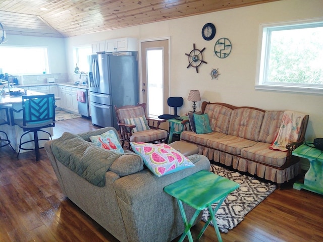 living room with wood ceiling, sink, lofted ceiling, and dark hardwood / wood-style floors