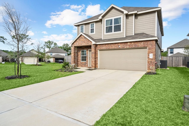 view of property featuring central AC, a front lawn, and a garage