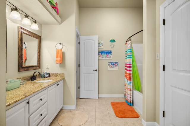 bathroom with tile flooring, oversized vanity, and shower / tub combo with curtain