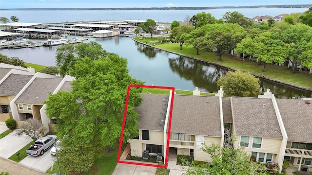 aerial view featuring a water view