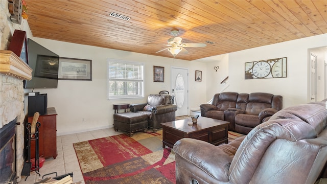 living room featuring ceiling fan, a fireplace, and wood ceiling