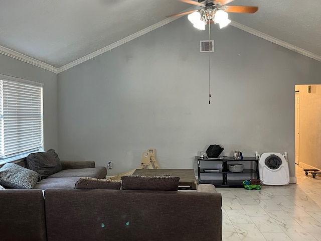 tiled living room with ceiling fan, ornamental molding, and high vaulted ceiling